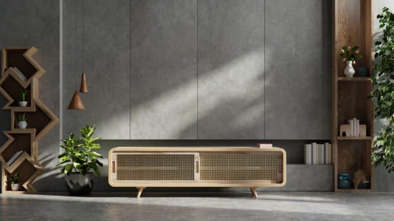 meuble en bois pour télévision dans le salon maquette de mur intérieur sur mur en béton.